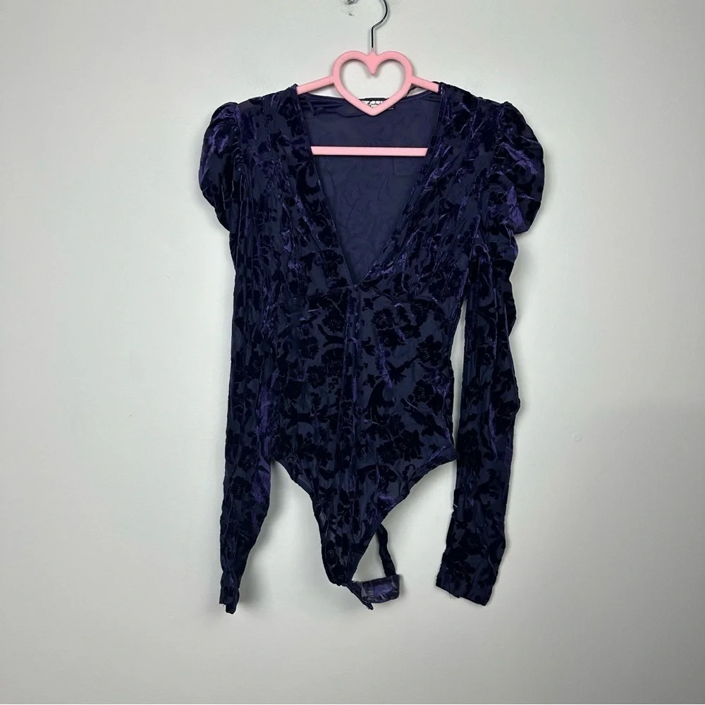 Free People NWT Magic Hour Velvet Puff Bodysuit Deep Sea Combo Size XS OB1570815